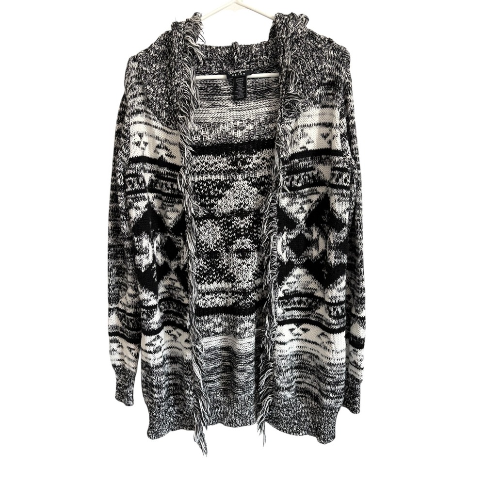 Wrangler Retro Womens Black White Southwestern Hooded Fringe Cardigan Small Boho